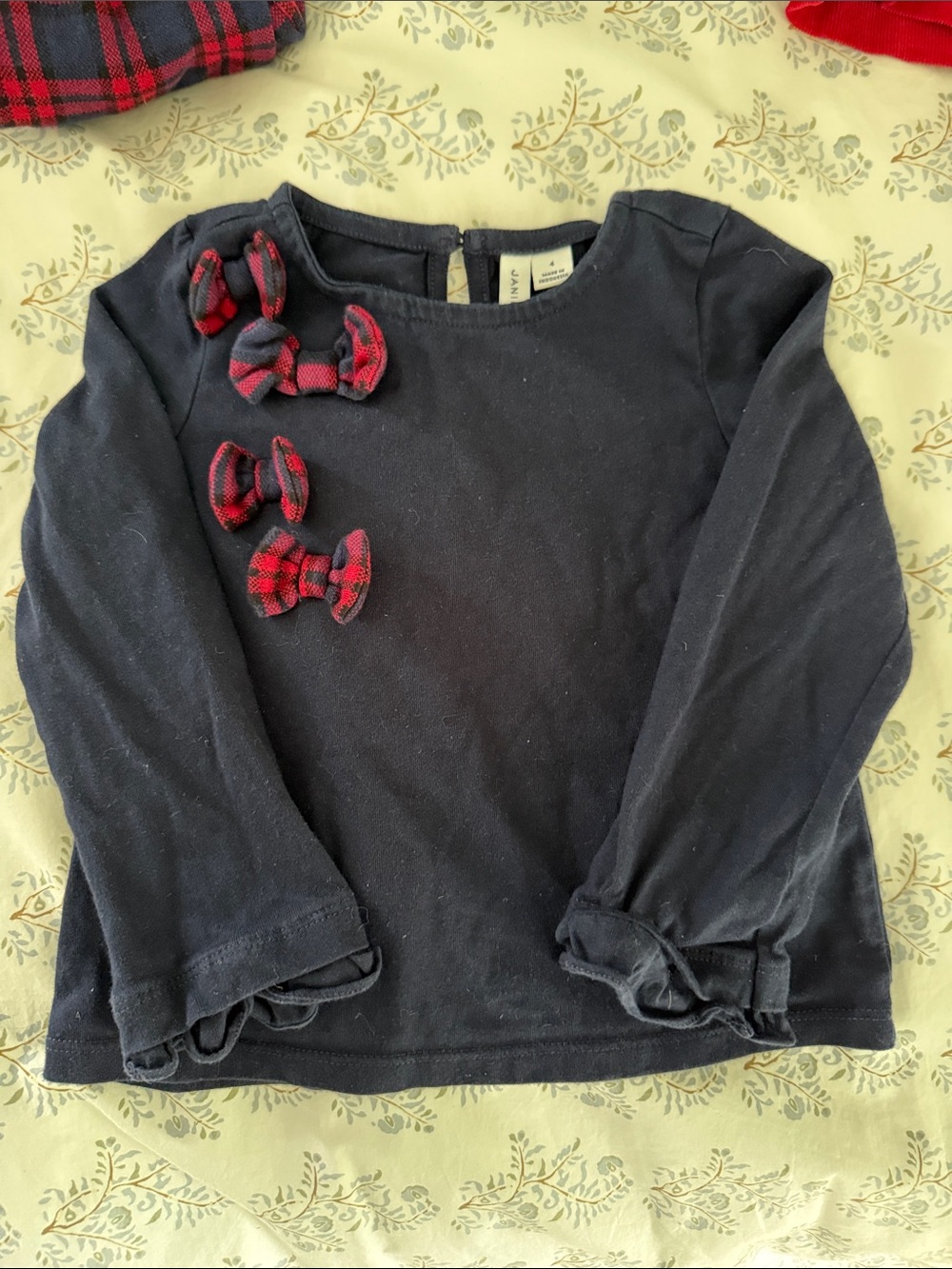 Janie and Jack Black Long-Sleeve Top with Red Plaid Bow Accents